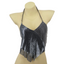 A mannequin wears an asymmetrical rhinestone mesh hanky hem halter top with a V-neckline bust.