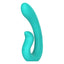 An aqua rabbit vibrator stands on a white backdrop with an ergonomically curved, flexible shaft. 