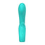 An aqua silicone rabbit vibrator showcases its two button control panel on the front clitoral arm. 