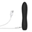 A black silicone bullet vibrator stands against white backdrop and show cases its charging cord next to it.