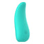 An aqua clitoral vibrator stands against a white backdrop with a flexible tongue-like shape.