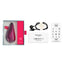 A flat lay of a Womanizer Liberty 2 magenta pink clitoral stimulator showcases its contents in the box.  