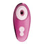 A pink metallic clitoral stimulator lays on a white backdrop showcasing two buttons on the front. 