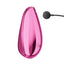 A magenta pink clitoral stimulator stands against a white backdrop showcasing its 2 x magnetic charging points and cord next to it. 