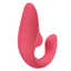 A Womanizer air clitoral g-spot vibrator in a rose pink colour showcases its dual motor buttons on the back. 