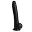 A black 12 inch dildo stands against a white backdrop with a suction cup base. 