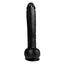 A 12 inch black dildo stands against a white backdrop with realistic testicles. 