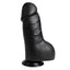 A girthy black 9.9 inch dildo stands against a white backdrop with a suction cup base. 