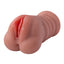 A realistic tan vagina masturbator is sculpted with grooved fingerholds on the exterior.