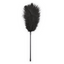A faux black Ostrich feather tickler lays flat against a white backdrop.