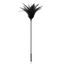 A long faux feather tickler in black stands against a white background. 