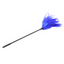 A long faux feather tickler in blue lays flat against a white background. 