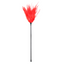 A long faux feather tickler in red stands against a white background. 