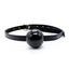 A black rubber ball gag with a thin faux leather strap and buckle sits against a white background.