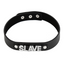 A black faux leather choker sits against a white backdrop with rhinestones spelling out slave on the front.