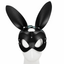 A black faux leather half-face bunny mask with wide eye holes contoured nose bridge.