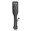 A black faux leather spanking paddle with a long handle and wrist loop.  