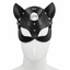 A black faux leather half face cat mask with silver studs is modelled on a mannequin head. 