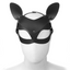 A faux leather black half face fox mask is worn on a mannequin head. 