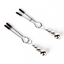 A pair of quadruple silver beaded tweezer nipple clamps lays flat against a white backdrop.
