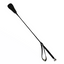 A black faux leather riding crop with a silver tip handle and hanging loop. 