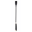 A flexible black faux leather riding crop with a rubber grip handle against a white backdrop.