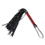 A faux leather embroidered red and black filigree fabric handle flogger with hanging loop.