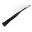 A medium black length faux leather flogger with hanging loop lays flat against a white backdrop.