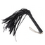 A black faux leather flogger with a chain finger loop attached to the handle. 