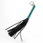 A faux leather flogger with a chain finger loop attached to a green handle.