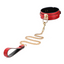 A red wide faux leather collar with a chain leash and a non-swivel o-ring.