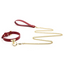 A faux red posture collar choker and leash attached together with a gold chain.  