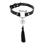 A faux leather kitten collar with a cat-shaped O-ring and pointed ears, a silver filigree bell and tassel. 