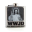 Holy Jesus Flask -  silver metal flask features an image of Jesus Christ & a vital question: What Would Jesus Drink?