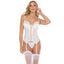 Coquette Convertible Padded Lace Bustier Corset With Garters has padded cups, detachable suspenders & full-length hook & eye closure + boning to cinch your curves. White.