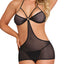 Exposed Sassy Black Mesh Cutout Halter Chemise & G-String has side cutouts & strappy bust details to show your waist & cleavage. The O-ring lets you attach BDSM accessories.